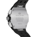 The TSAR BOMBA Atomic TB8214 interchangebale tonneau quartz watch. stainless-steel-black-bezel-and-black-interchangeable strap.  The Multifunction dial design, the multifunction dial features a chronograph minute sub-dial at the 12 o'clock position, a date display between the 4 and 5 o'clock positions, a seconds sub-dial at the 6 o'clock position, and an hour chronograph sub-dial at the 9 o'clock position. --Rear-view
