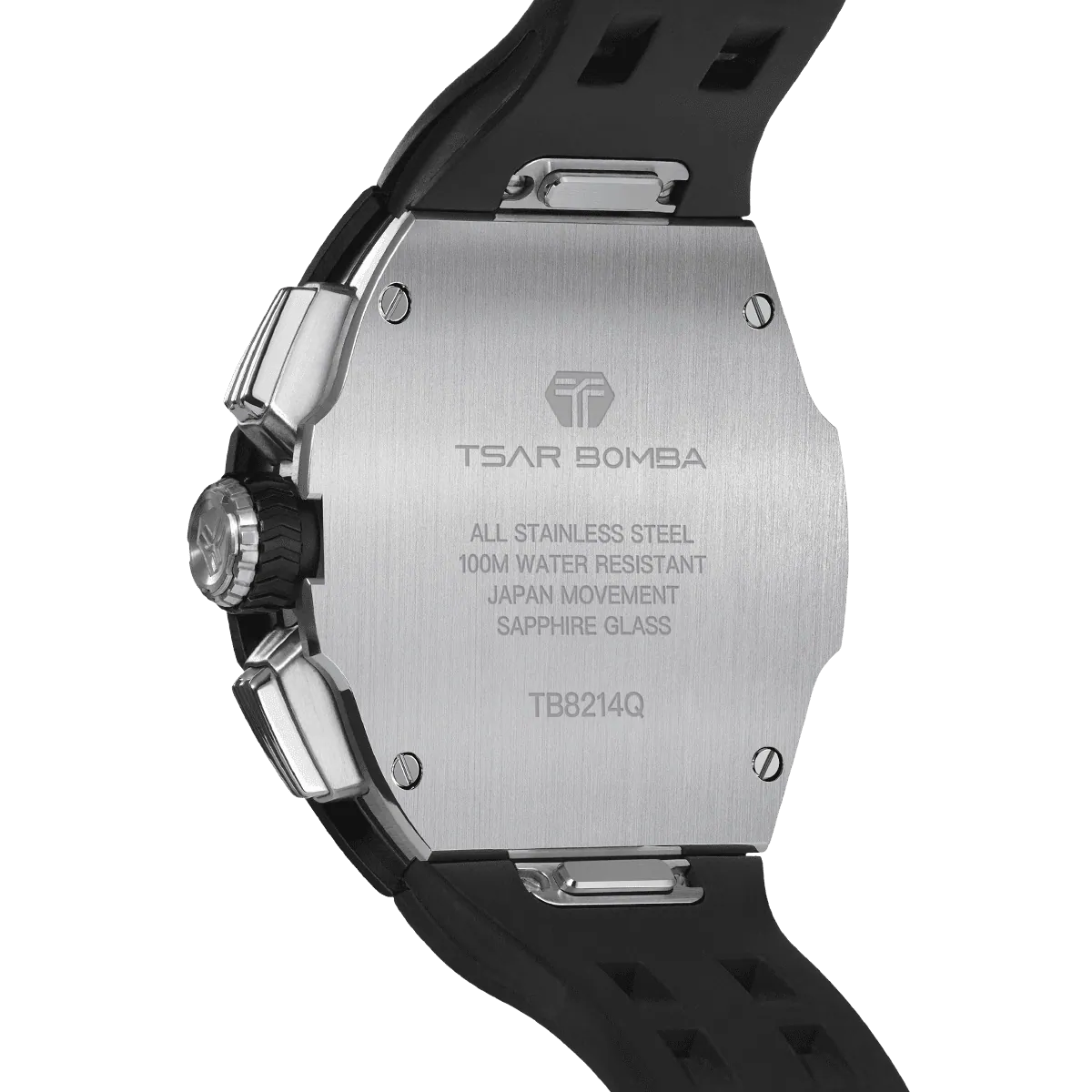 The TSAR BOMBA Atomic TB8214 interchangebale tonneau quartz watch. stainless-steel-black-bezel-and-black-interchangeable strap.  The Multifunction dial design, the multifunction dial features a chronograph minute sub-dial at the 12 o'clock position, a date display between the 4 and 5 o'clock positions, a seconds sub-dial at the 6 o'clock position, and an hour chronograph sub-dial at the 9 o'clock position. --Rear-view