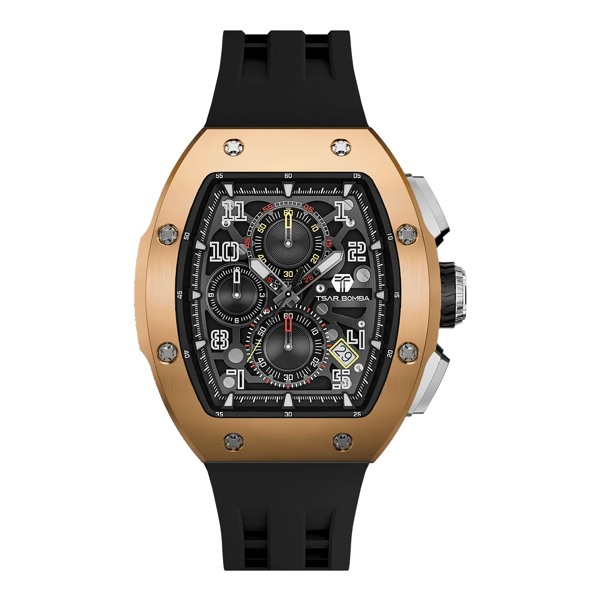 The TSAR BOMBA Atomic TB8214 interchangebale tonneau quartz watch. stainless-steel-gold-bezel-and-black-interchangeable strap.  The Multifunction dial design, the multifunction dial features a chronograph minute sub-dial at the 12 o'clock position, a date display between the 4 and 5 o'clock positions, a seconds sub-dial at the 6 o'clock position, and an hour chronograph sub-dial at the 9 o'clock position. --Front-view