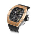 The TSAR BOMBA Atomic TB8214 interchangebale tonneau quartz watch. stainless-steel-gold-bezel-and-black-interchangeable strap.  The Multifunction dial design, the multifunction dial features a chronograph minute sub-dial at the 12 o'clock position, a date display between the 4 and 5 o'clock positions, a seconds sub-dial at the 6 o'clock position, and an hour chronograph sub-dial at the 9 o'clock position. --Left three-quarter-angled-view