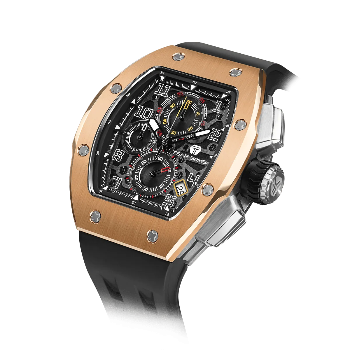 The TSAR BOMBA Atomic TB8214 interchangebale tonneau quartz watch. stainless-steel-gold-bezel-and-black-interchangeable strap.  The Multifunction dial design, the multifunction dial features a chronograph minute sub-dial at the 12 o'clock position, a date display between the 4 and 5 o'clock positions, a seconds sub-dial at the 6 o'clock position, and an hour chronograph sub-dial at the 9 o'clock position. --Left three-quarter-angled-view