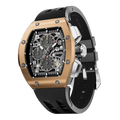 The TSAR BOMBA Atomic TB8214 interchangebale tonneau quartz watch. stainless-steel-gold-bezel-and-black-interchangeable strap.  The Multifunction dial design, the multifunction dial features a chronograph minute sub-dial at the 12 o'clock position, a date display between the 4 and 5 o'clock positions, a seconds sub-dial at the 6 o'clock position, and an hour chronograph sub-dial at the 9 o'clock position. --Left three-quarter-view
