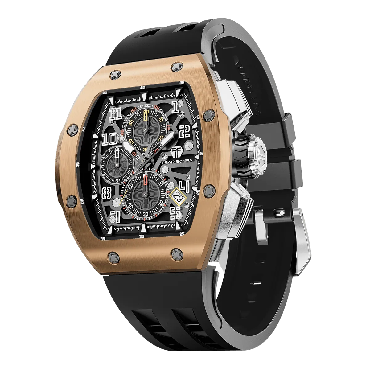 The TSAR BOMBA Atomic TB8214 interchangebale tonneau quartz watch. stainless-steel-gold-bezel-and-black-interchangeable strap.  The Multifunction dial design, the multifunction dial features a chronograph minute sub-dial at the 12 o'clock position, a date display between the 4 and 5 o'clock positions, a seconds sub-dial at the 6 o'clock position, and an hour chronograph sub-dial at the 9 o'clock position. --Left three-quarter-view