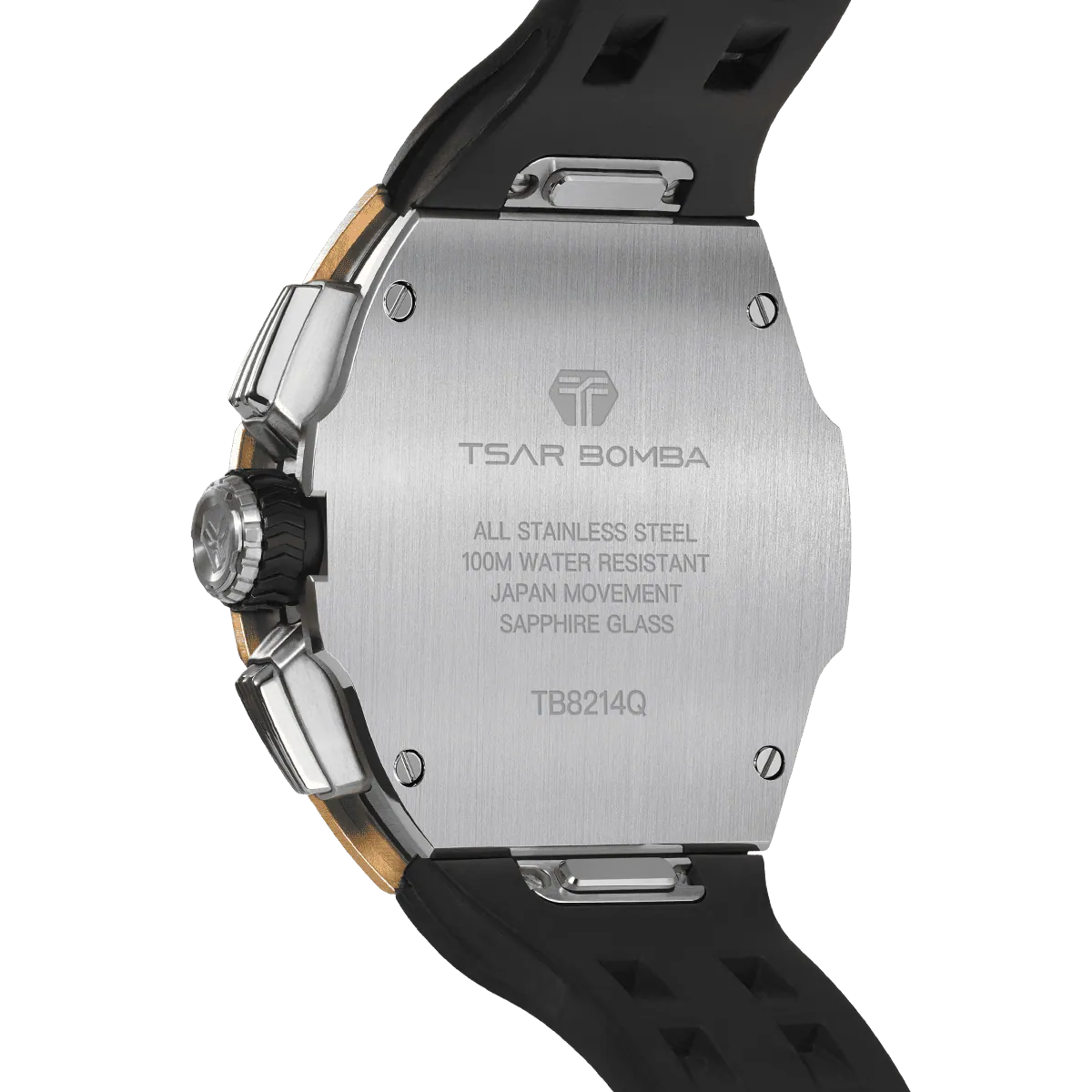 The TSAR BOMBA Atomic TB8214 interchangebale tonneau quartz watch. stainless-steel-gold-bezel-and-black-interchangeable strap.  The Multifunction dial design, the multifunction dial features a chronograph minute sub-dial at the 12 o'clock position, a date display between the 4 and 5 o'clock positions, a seconds sub-dial at the 6 o'clock position, and an hour chronograph sub-dial at the 9 o'clock position. --Rear-view