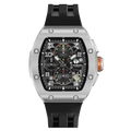 The TSAR BOMBA Atomic TB8214 interchangebale tonneau quartz watch. stainless-steel-silver-bezel-and-black-interchangeable strap.  The Multifunction dial design, the multifunction dial features a chronograph minute sub-dial at the 12 o'clock position, a date display between the 4 and 5 o'clock positions, a seconds sub-dial at the 6 o'clock position, and an hour chronograph sub-dial at the 9 o'clock position. --Front-view