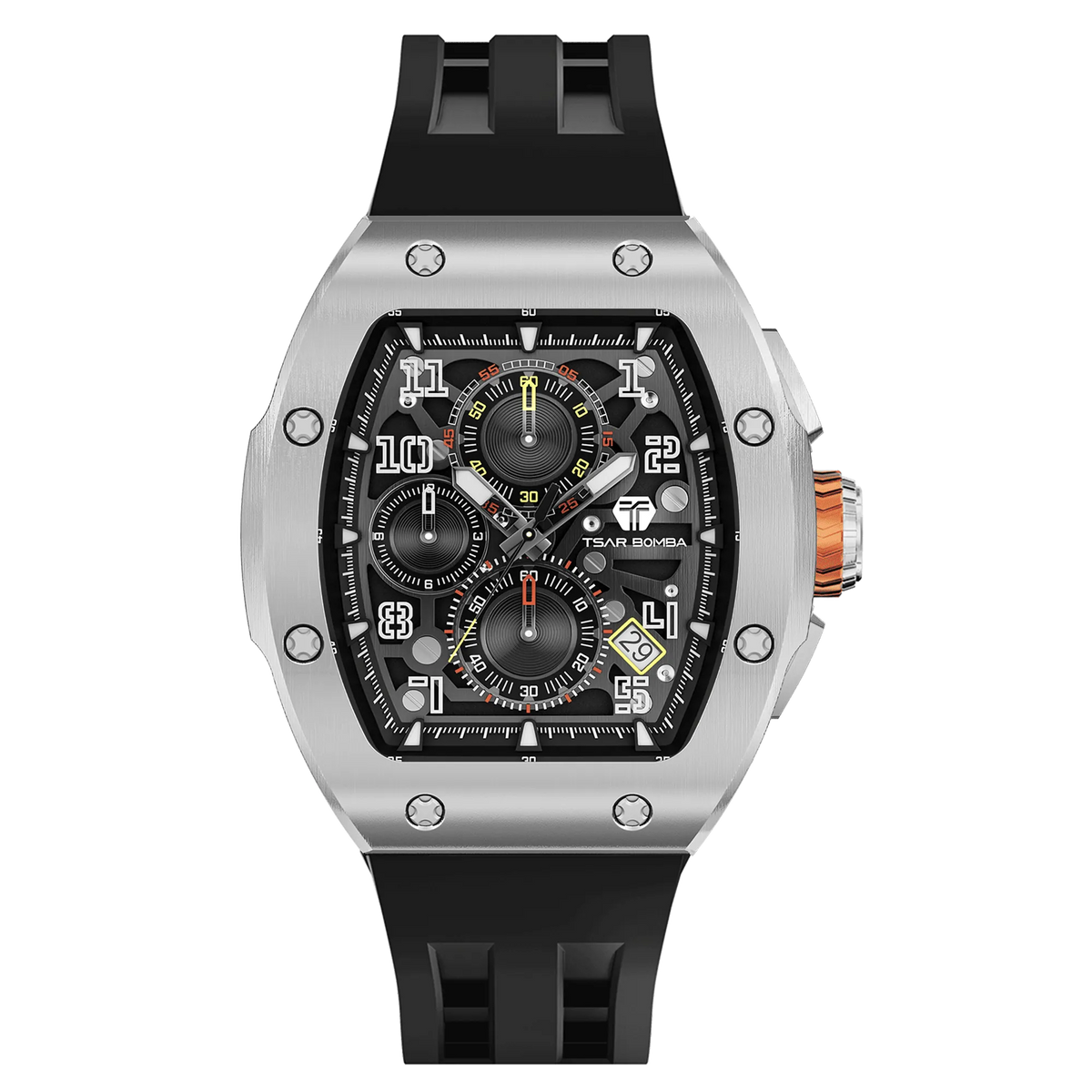 The TSAR BOMBA Atomic TB8214 interchangebale tonneau quartz watch. stainless-steel-silver-bezel-and-black-interchangeable strap.  The Multifunction dial design, the multifunction dial features a chronograph minute sub-dial at the 12 o'clock position, a date display between the 4 and 5 o'clock positions, a seconds sub-dial at the 6 o'clock position, and an hour chronograph sub-dial at the 9 o'clock position. --Front-view