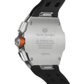 The TSAR BOMBA Atomic TB8214 interchangebale tonneau quartz watch. stainless-steel-silver-bezel-and-black-interchangeable strap.  The Multifunction dial design, the multifunction dial features a chronograph minute sub-dial at the 12 o'clock position, a date display between the 4 and 5 o'clock positions, a seconds sub-dial at the 6 o'clock position, and an hour chronograph sub-dial at the 9 o'clock position. --Rear-view