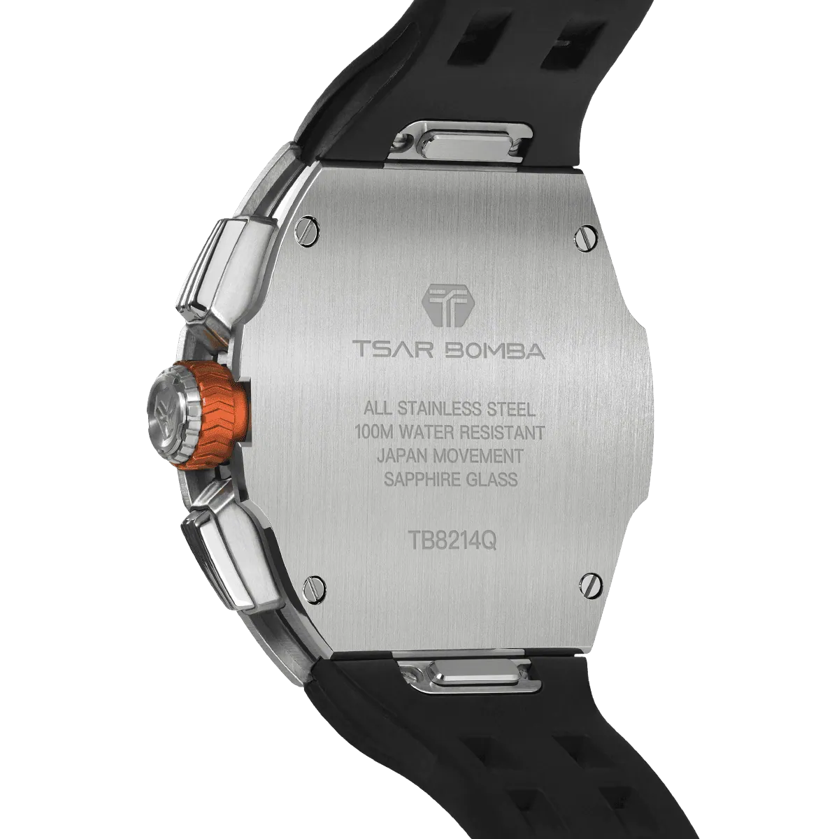 The TSAR BOMBA Atomic TB8214 interchangebale tonneau quartz watch. stainless-steel-silver-bezel-and-black-interchangeable strap.  The Multifunction dial design, the multifunction dial features a chronograph minute sub-dial at the 12 o'clock position, a date display between the 4 and 5 o'clock positions, a seconds sub-dial at the 6 o'clock position, and an hour chronograph sub-dial at the 9 o'clock position. --Rear-view