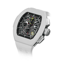 The TSAR BOMBA Atomic TB8214 interchangebale tonneau quartz watch. fluororubber
-white-bezel-and-white-interchangeable strap.  The Multifunction dial design, the multifunction dial features a chronograph minute sub-dial at the 12 o'clock position, a date display between the 4 and 5 o'clock positions, a seconds sub-dial at the 6 o'clock position, and an hour chronograph sub-dial at the 9 o'clock position. --Left three-quarter-angled-view