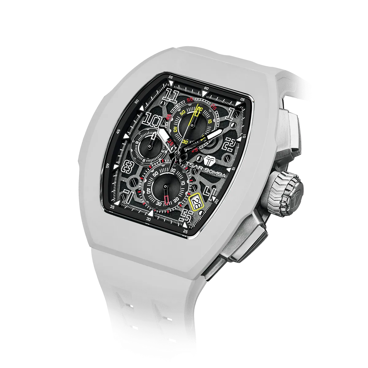 The TSAR BOMBA Atomic TB8214 interchangebale tonneau quartz watch. fluororubber
-white-bezel-and-white-interchangeable strap.  The Multifunction dial design, the multifunction dial features a chronograph minute sub-dial at the 12 o'clock position, a date display between the 4 and 5 o'clock positions, a seconds sub-dial at the 6 o'clock position, and an hour chronograph sub-dial at the 9 o'clock position. --Left three-quarter-angled-view