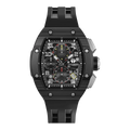 The TSAR BOMBA Atomic TB8214CF carbon fiber tonneau quartz watch. carbon fiber balck bezel and fluororubber interchangeable black strap.  The Multifunction dial design, the multifunction dial features a chronograph minute sub-dial at the 12 o'clock position, a date display between the 4 and 5 o'clock positions, a seconds sub-dial at the 6 o'clock position, and an hour chronograph sub-dial at the 9 o'clock position. --Front-view
