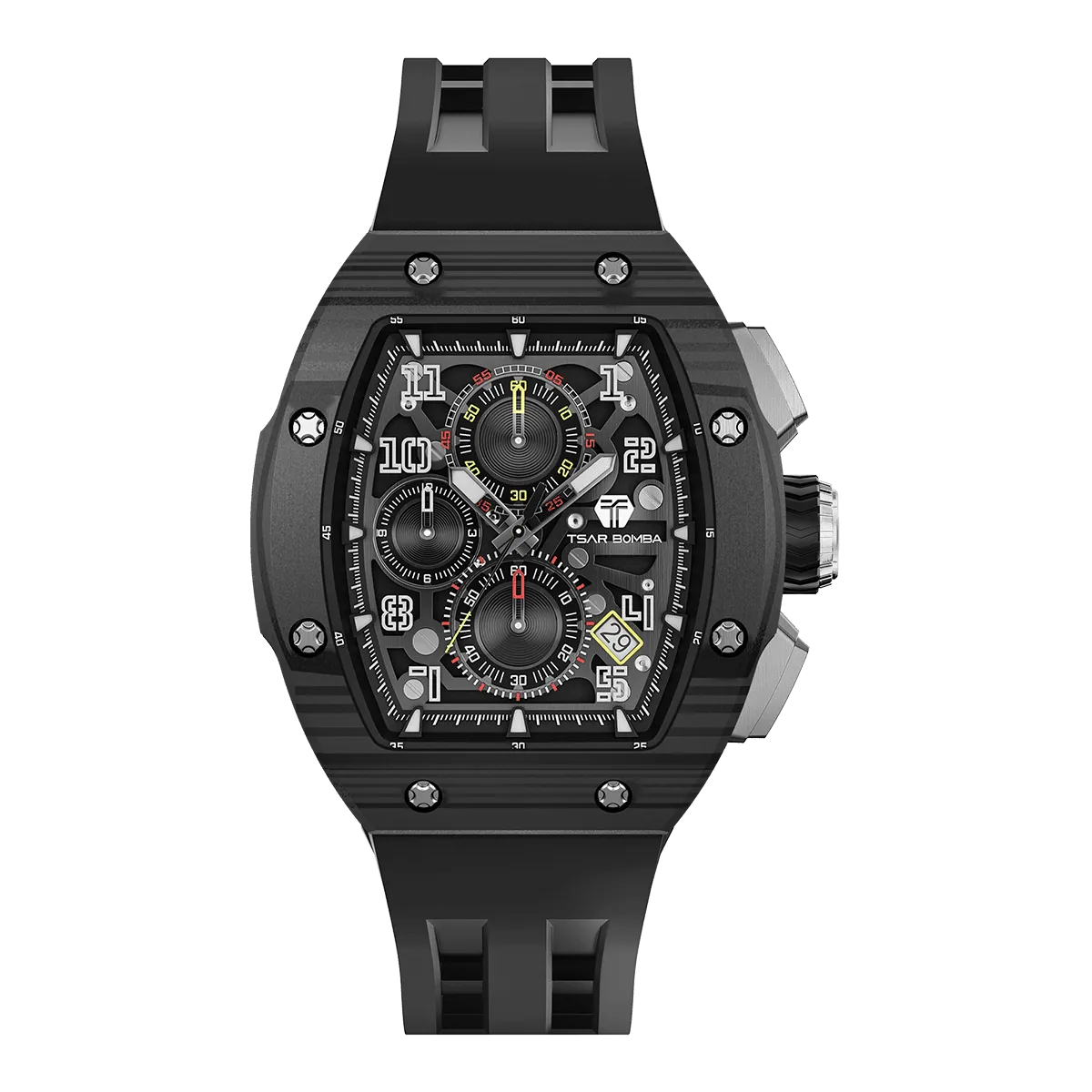 The TSAR BOMBA Atomic TB8214CF carbon fiber tonneau quartz watch. carbon fiber balck bezel and fluororubber interchangeable black strap.  The Multifunction dial design, the multifunction dial features a chronograph minute sub-dial at the 12 o'clock position, a date display between the 4 and 5 o'clock positions, a seconds sub-dial at the 6 o'clock position, and an hour chronograph sub-dial at the 9 o'clock position. --Front-view
