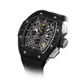The TSAR BOMBA Atomic TB8214CF carbon fiber tonneau quartz watch. carbon fiber balck bezel and fluororubber interchangeable black strap.  The Multifunction dial design, the multifunction dial features a chronograph minute sub-dial at the 12 o'clock position, a date display between the 4 and 5 o'clock positions, a seconds sub-dial at the 6 o'clock position, and an hour chronograph sub-dial at the 9 o'clock position. --Left three-quarter-angled-view