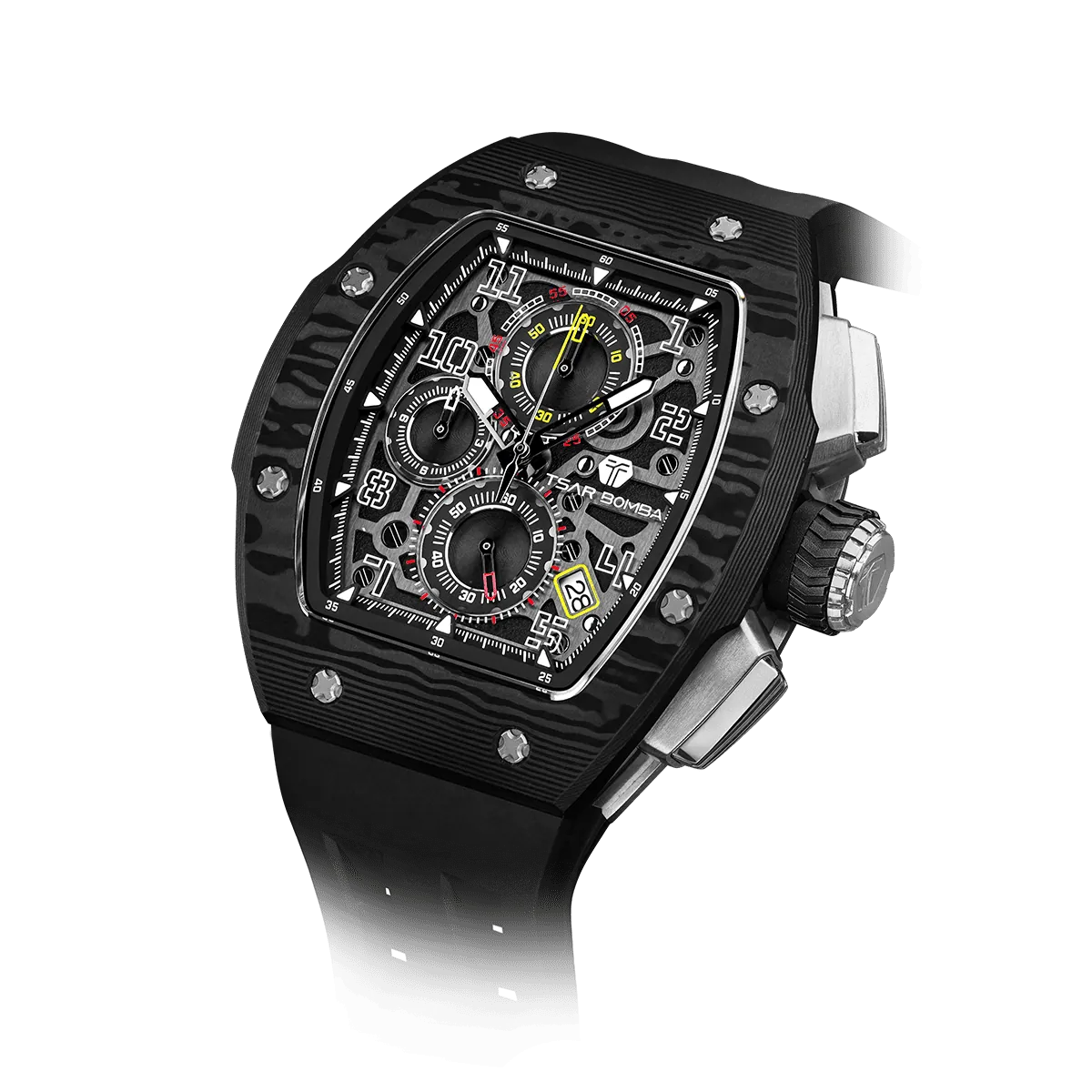 The TSAR BOMBA Atomic TB8214CF carbon fiber tonneau quartz watch. carbon fiber balck bezel and fluororubber interchangeable black strap.  The Multifunction dial design, the multifunction dial features a chronograph minute sub-dial at the 12 o'clock position, a date display between the 4 and 5 o'clock positions, a seconds sub-dial at the 6 o'clock position, and an hour chronograph sub-dial at the 9 o'clock position. --Left three-quarter-angled-view