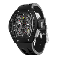 The TSAR BOMBA Atomic TB8214CF carbon fiber tonneau quartz watch. carbon fiber balck bezel and fluororubber interchangeable black strap.  The Multifunction dial design, the multifunction dial features a chronograph minute sub-dial at the 12 o'clock position, a date display between the 4 and 5 o'clock positions, a seconds sub-dial at the 6 o'clock position, and an hour chronograph sub-dial at the 9 o'clock position. --Left three-quarter-view