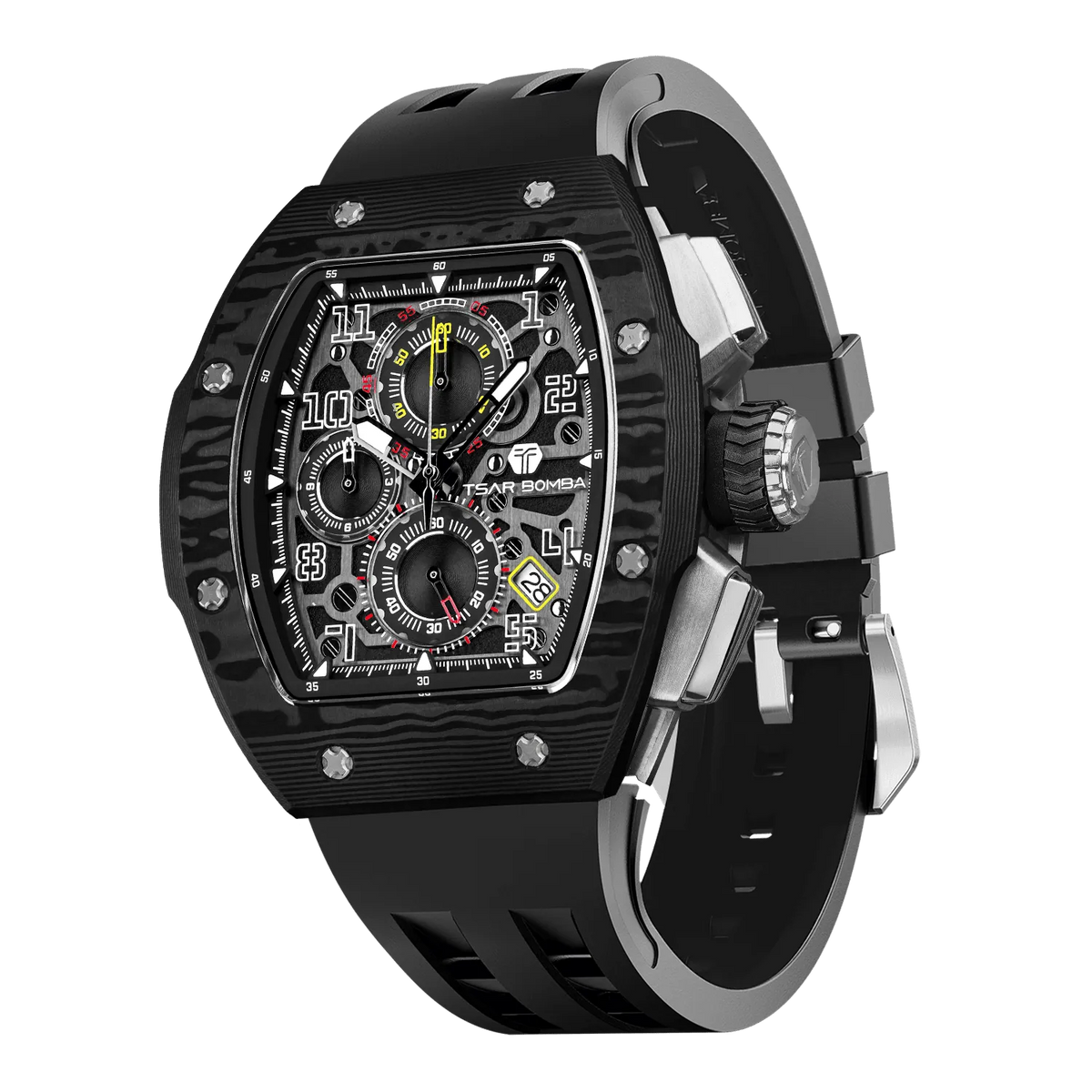 The TSAR BOMBA Atomic TB8214CF carbon fiber tonneau quartz watch. carbon fiber balck bezel and fluororubber interchangeable black strap.  The Multifunction dial design, the multifunction dial features a chronograph minute sub-dial at the 12 o'clock position, a date display between the 4 and 5 o'clock positions, a seconds sub-dial at the 6 o'clock position, and an hour chronograph sub-dial at the 9 o'clock position. --Left three-quarter-view