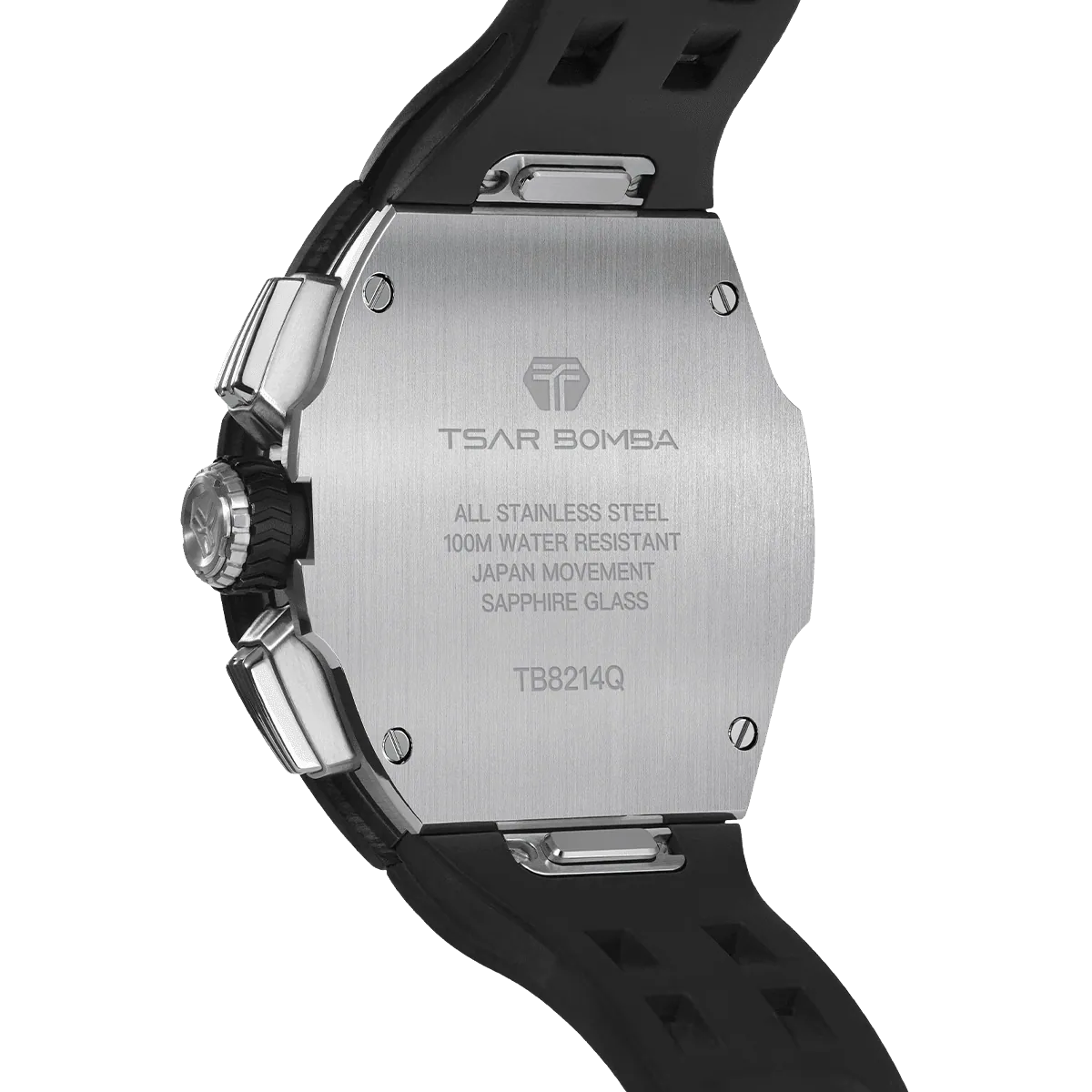 The TSAR BOMBA Atomic TB8214CF carbon fiber tonneau quartz watch. carbon fiber balck bezel and fluororubber interchangeable black strap.  The Multifunction dial design, the multifunction dial features a chronograph minute sub-dial at the 12 o'clock position, a date display between the 4 and 5 o'clock positions, a seconds sub-dial at the 6 o'clock position, and an hour chronograph sub-dial at the 9 o'clock position. --Rear-view