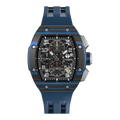 The TSAR BOMBA Atomic TB8214CF carbon fiber tonneau quartz watch. carbon fiber blue bezel and fluororubber interchangeable blue strap.  The Multifunction dial design, the multifunction dial features a chronograph minute sub-dial at the 12 o'clock position, a date display between the 4 and 5 o'clock positions, a seconds sub-dial at the 6 o'clock position, and an hour chronograph sub-dial at the 9 o'clock position. --Front-view

