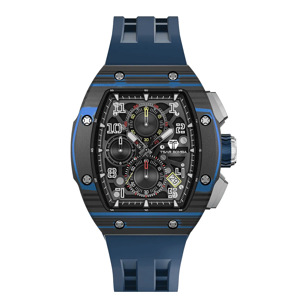 The TSAR BOMBA Atomic TB8214CF carbon fiber tonneau quartz watch. carbon fiber blue bezel and fluororubber interchangeable blue strap.  The Multifunction dial design, the multifunction dial features a chronograph minute sub-dial at the 12 o'clock position, a date display between the 4 and 5 o'clock positions, a seconds sub-dial at the 6 o'clock position, and an hour chronograph sub-dial at the 9 o'clock position. --Front-view
