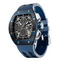 The TSAR BOMBA Atomic TB8214CF carbon fiber tonneau quartz watch. carbon fiber blue bezel and fluororubber interchangeable blue strap.  The Multifunction dial design, the multifunction dial features a chronograph minute sub-dial at the 12 o'clock position, a date display between the 4 and 5 o'clock positions, a seconds sub-dial at the 6 o'clock position, and an hour chronograph sub-dial at the 9 o'clock position. --Left three-quarter-view
