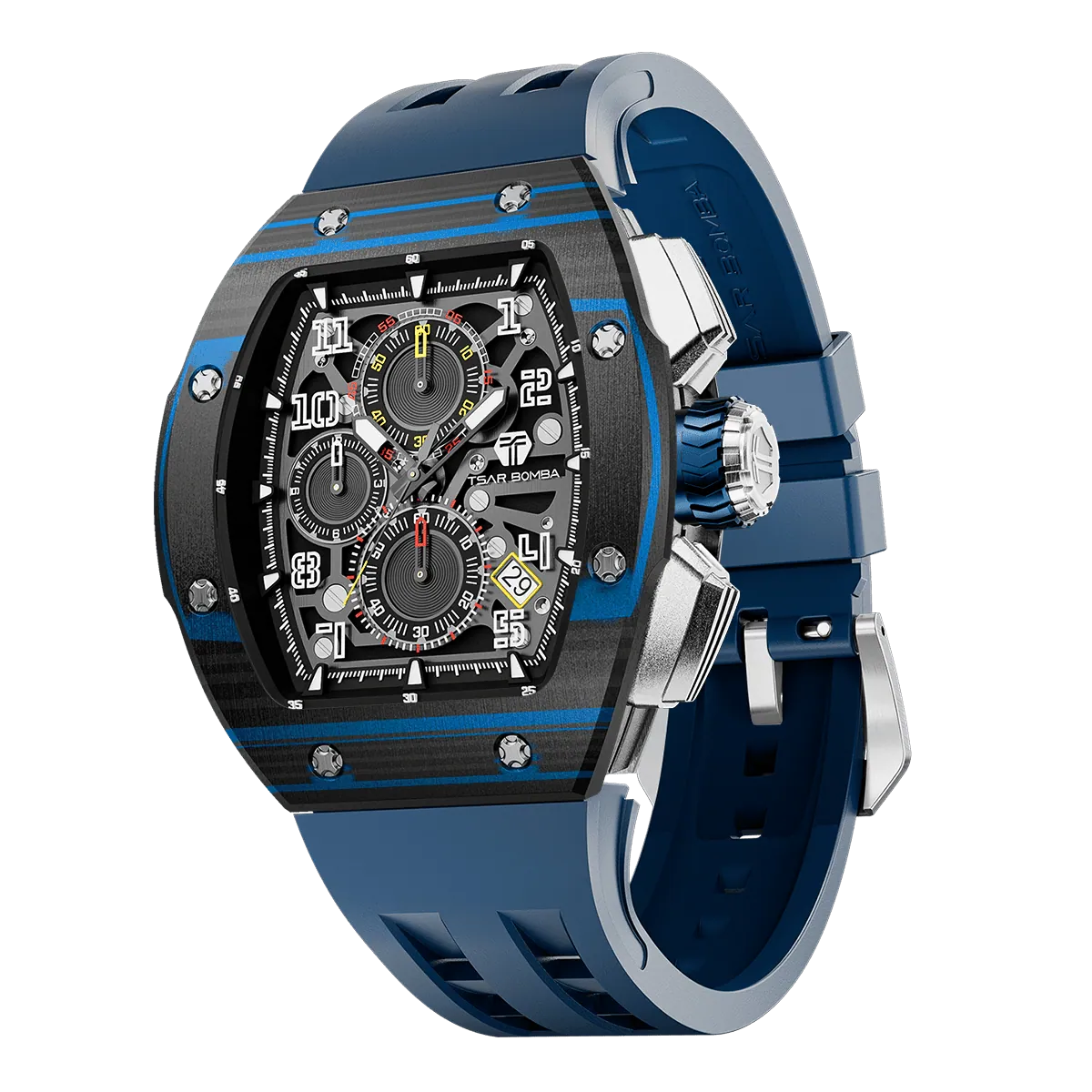 The TSAR BOMBA Atomic TB8214CF carbon fiber tonneau quartz watch. carbon fiber blue bezel and fluororubber interchangeable blue strap.  The Multifunction dial design, the multifunction dial features a chronograph minute sub-dial at the 12 o'clock position, a date display between the 4 and 5 o'clock positions, a seconds sub-dial at the 6 o'clock position, and an hour chronograph sub-dial at the 9 o'clock position. --Left three-quarter-view
