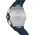 The TSAR BOMBA Atomic TB8214CF carbon fiber tonneau quartz watch. carbon fiber blue bezel and fluororubber interchangeable blue strap.  The Multifunction dial design, the multifunction dial features a chronograph minute sub-dial at the 12 o'clock position, a date display between the 4 and 5 o'clock positions, a seconds sub-dial at the 6 o'clock position, and an hour chronograph sub-dial at the 9 o'clock position. --Rear-view