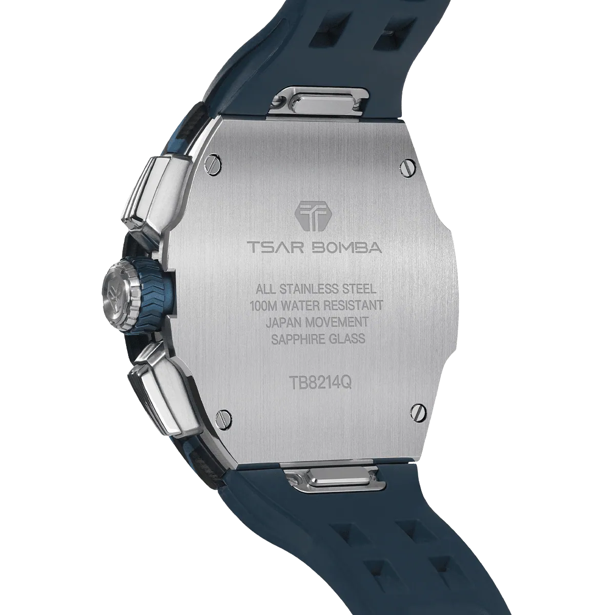 The TSAR BOMBA Atomic TB8214CF carbon fiber tonneau quartz watch. carbon fiber blue bezel and fluororubber interchangeable blue strap.  The Multifunction dial design, the multifunction dial features a chronograph minute sub-dial at the 12 o'clock position, a date display between the 4 and 5 o'clock positions, a seconds sub-dial at the 6 o'clock position, and an hour chronograph sub-dial at the 9 o'clock position. --Rear-view