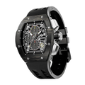 The TSAR BOMBA Atomic TB8214CF carbon fiber tonneau quartz watch. carbon fiber gold bezel and fluororubber interchangeable gold strap.  The Multifunction dial design, the multifunction dial features a chronograph minute sub-dial at the 12 o'clock position, a date display between the 4 and 5 o'clock positions, a seconds sub-dial at the 6 o'clock position, and an hour chronograph sub-dial at the 9 o'clock position. --Left three-quarter-view