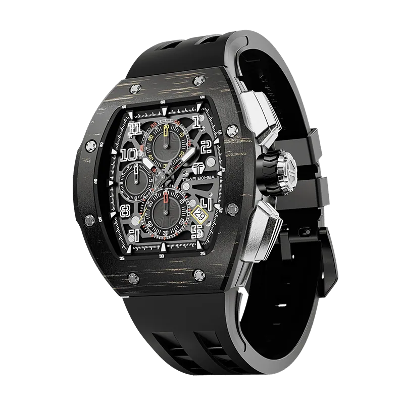 The TSAR BOMBA Atomic TB8214CF carbon fiber tonneau quartz watch. carbon fiber gold bezel and fluororubber interchangeable gold strap.  The Multifunction dial design, the multifunction dial features a chronograph minute sub-dial at the 12 o'clock position, a date display between the 4 and 5 o'clock positions, a seconds sub-dial at the 6 o'clock position, and an hour chronograph sub-dial at the 9 o'clock position. --Left three-quarter-view