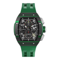 The TSAR BOMBA Atommic TB8214CF carbon fiber tonneau quartz watch. carbon fiber green bezel and fluororubber interchangeable green strap.  The Multifunction dial design, the multifunction dial features a chronograph minute sub-dial at the 12 o'clock position, a date display between the 4 and 5 o'clock positions, a seconds sub-dial at the 6 o'clock position, and an hour chronograph sub-dial at the 9 o'clock position. --
Front-view