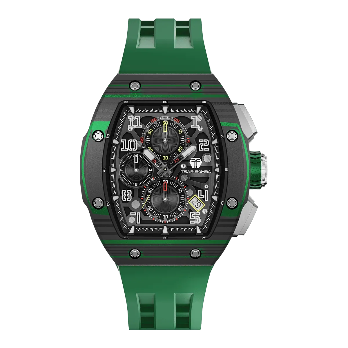 The TSAR BOMBA Atommic TB8214CF carbon fiber tonneau quartz watch. carbon fiber green bezel and fluororubber interchangeable green strap.  The Multifunction dial design, the multifunction dial features a chronograph minute sub-dial at the 12 o'clock position, a date display between the 4 and 5 o'clock positions, a seconds sub-dial at the 6 o'clock position, and an hour chronograph sub-dial at the 9 o'clock position. --
Front-view
