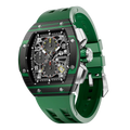The TSAR BOMBA Atomic TB8214CF carbon fiber tonneau quartz watch. carbon fiber green bezel and fluororubber interchangeable green strap.  The Multifunction dial design, the multifunction dial features a chronograph minute sub-dial at the 12 o'clock position, a date display between the 4 and 5 o'clock positions, a seconds sub-dial at the 6 o'clock position, and an hour chronograph sub-dial at the 9 o'clock position. --
Left three-quarter-view
