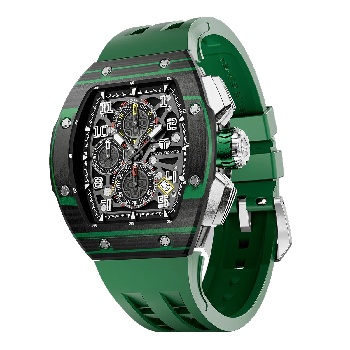 The TSAR BOMBA Atomic TB8214CF carbon fiber tonneau quartz watch. carbon fiber green bezel and fluororubber interchangeable green strap.  The Multifunction dial design, the multifunction dial features a chronograph minute sub-dial at the 12 o'clock position, a date display between the 4 and 5 o'clock positions, a seconds sub-dial at the 6 o'clock position, and an hour chronograph sub-dial at the 9 o'clock position. --
Left three-quarter-view