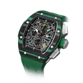 The TSAR BOMBA Atomic TB8214CF carbon fiber tonneau quartz watch. carbon fiber green bezel and fluororubber interchangeable green strap.  The Multifunction dial design, the multifunction dial features a chronograph minute sub-dial at the 12 o'clock position, a date display between the 4 and 5 o'clock positions, a seconds sub-dial at the 6 o'clock position, and an hour chronograph sub-dial at the 9 o'clock position. --
Left three-quarter-angled-view
