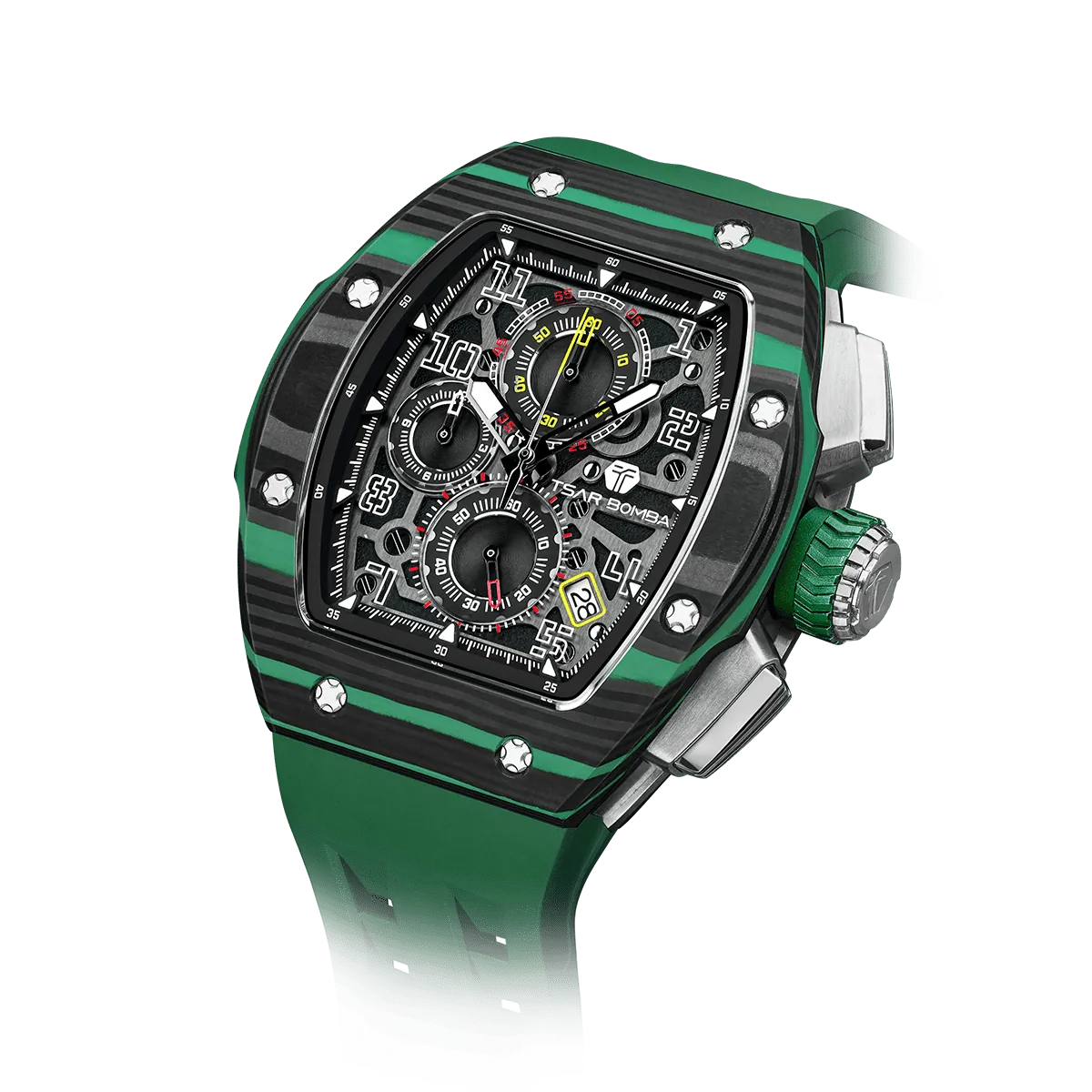 The TSAR BOMBA Atomic TB8214CF carbon fiber tonneau quartz watch. carbon fiber green bezel and fluororubber interchangeable green strap.  The Multifunction dial design, the multifunction dial features a chronograph minute sub-dial at the 12 o'clock position, a date display between the 4 and 5 o'clock positions, a seconds sub-dial at the 6 o'clock position, and an hour chronograph sub-dial at the 9 o'clock position. --
Left three-quarter-angled-view
