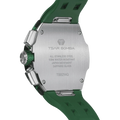 The TSAR BOMBA Atomic TB8214CF carbon fiber tonneau quartz watch. carbon fiber green bezel and fluororubber interchangeable green strap.  The Multifunction dial design, the multifunction dial features a chronograph minute sub-dial at the 12 o'clock position, a date display between the 4 and 5 o'clock positions, a seconds sub-dial at the 6 o'clock position, and an hour chronograph sub-dial at the 9 o'clock position. --
Rear-view