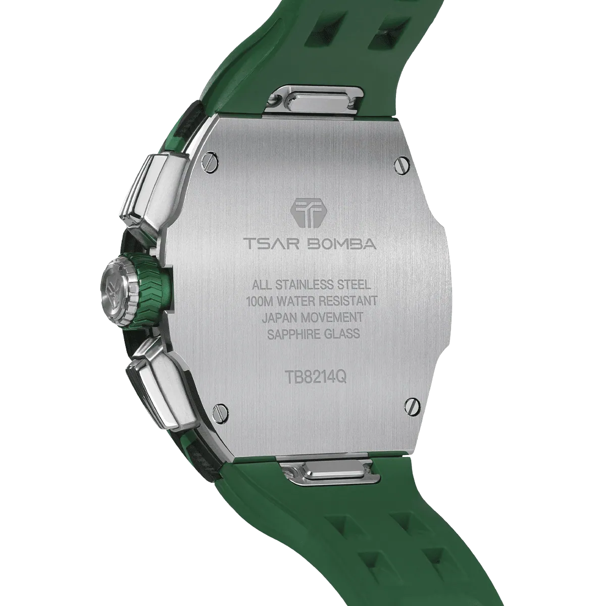 The TSAR BOMBA Atomic TB8214CF carbon fiber tonneau quartz watch. carbon fiber green bezel and fluororubber interchangeable green strap.  The Multifunction dial design, the multifunction dial features a chronograph minute sub-dial at the 12 o'clock position, a date display between the 4 and 5 o'clock positions, a seconds sub-dial at the 6 o'clock position, and an hour chronograph sub-dial at the 9 o'clock position. --
Rear-view