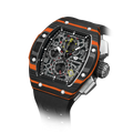 The TSAR BOMBA Atomic TB8214CF carbon fiber tonneau quartz watch. carbon fiber orange bezel and fluororubber interchangeable orange strap.  The Multifunction dial design, the multifunction dial features a chronograph minute sub-dial at the 12 o'clock position, a date display between the 4 and 5 o'clock positions, a seconds sub-dial at the 6 o'clock position, and an hour chronograph sub-dial at the 9 o'clock position. --
Left three-quarter-angled-view
