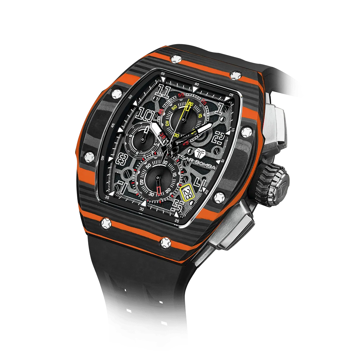 The TSAR BOMBA Atomic TB8214CF carbon fiber tonneau quartz watch. carbon fiber orange bezel and fluororubber interchangeable orange strap.  The Multifunction dial design, the multifunction dial features a chronograph minute sub-dial at the 12 o'clock position, a date display between the 4 and 5 o'clock positions, a seconds sub-dial at the 6 o'clock position, and an hour chronograph sub-dial at the 9 o'clock position. --
Left three-quarter-angled-view
