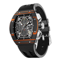 The TSAR BOMBA Atomic TB8214CF carbon fiber tonneau quartz watch. carbon fiber orange bezel and fluororubber interchangeable orange strap.  The Multifunction dial design, the multifunction dial features a chronograph minute sub-dial at the 12 o'clock position, a date display between the 4 and 5 o'clock positions, a seconds sub-dial at the 6 o'clock position, and an hour chronograph sub-dial at the 9 o'clock position. --
Left three-quarter-view