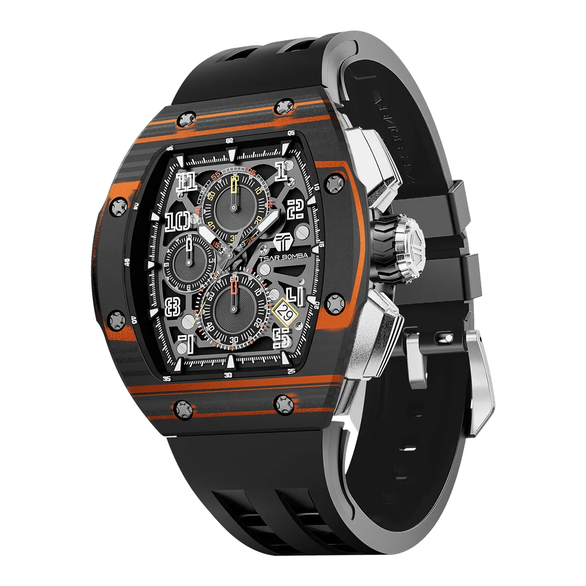 The TSAR BOMBA Atomic TB8214CF carbon fiber tonneau quartz watch. carbon fiber orange bezel and fluororubber interchangeable orange strap.  The Multifunction dial design, the multifunction dial features a chronograph minute sub-dial at the 12 o'clock position, a date display between the 4 and 5 o'clock positions, a seconds sub-dial at the 6 o'clock position, and an hour chronograph sub-dial at the 9 o'clock position. --
Left three-quarter-view
