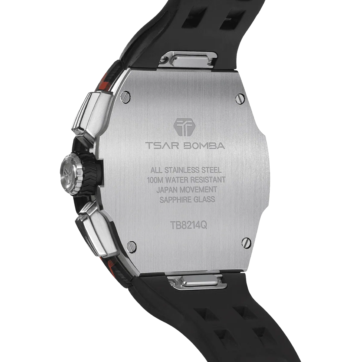 The TSAR BOMBA Atomic TB8214CF carbon fiber tonneau quartz watch. carbon fiber orange bezel and fluororubber interchangeable orange strap.  The Multifunction dial design, the multifunction dial features a chronograph minute sub-dial at the 12 o'clock position, a date display between the 4 and 5 o'clock positions, a seconds sub-dial at the 6 o'clock position, and an hour chronograph sub-dial at the 9 o'clock position. --
Rear-view