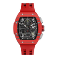 The TSAR BOMBA Atomic TB8214CF carbon fiber tonneau quartz watch. carbon fiber red bezel and fluororubber interchangeable red strap.  The Multifunction dial design, the multifunction dial features a chronograph minute sub-dial at the 12 o'clock position, a date display between the 4 and 5 o'clock positions, a seconds sub-dial at the 6 o'clock position, and an hour chronograph sub-dial at the 9 o'clock position. --Front-view