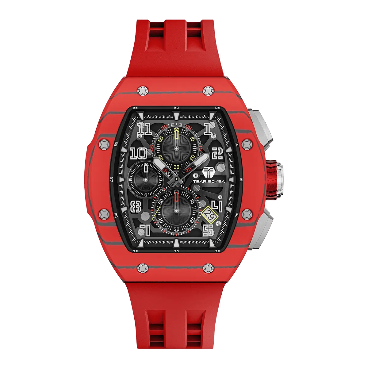 The TSAR BOMBA Atomic TB8214CF carbon fiber tonneau quartz watch. carbon fiber red bezel and fluororubber interchangeable red strap.  The Multifunction dial design, the multifunction dial features a chronograph minute sub-dial at the 12 o'clock position, a date display between the 4 and 5 o'clock positions, a seconds sub-dial at the 6 o'clock position, and an hour chronograph sub-dial at the 9 o'clock position. --Front-view