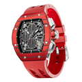 The TSAR BOMBA Atomic TB8214CF carbon fiber tonneau quartz watch. carbon fiber red bezel and fluororubber interchangeable red strap.  The Multifunction dial design, the multifunction dial features a chronograph minute sub-dial at the 12 o'clock position, a date display between the 4 and 5 o'clock positions, a seconds sub-dial at the 6 o'clock position, and an hour chronograph sub-dial at the 9 o'clock position. --Left three-quarter-view