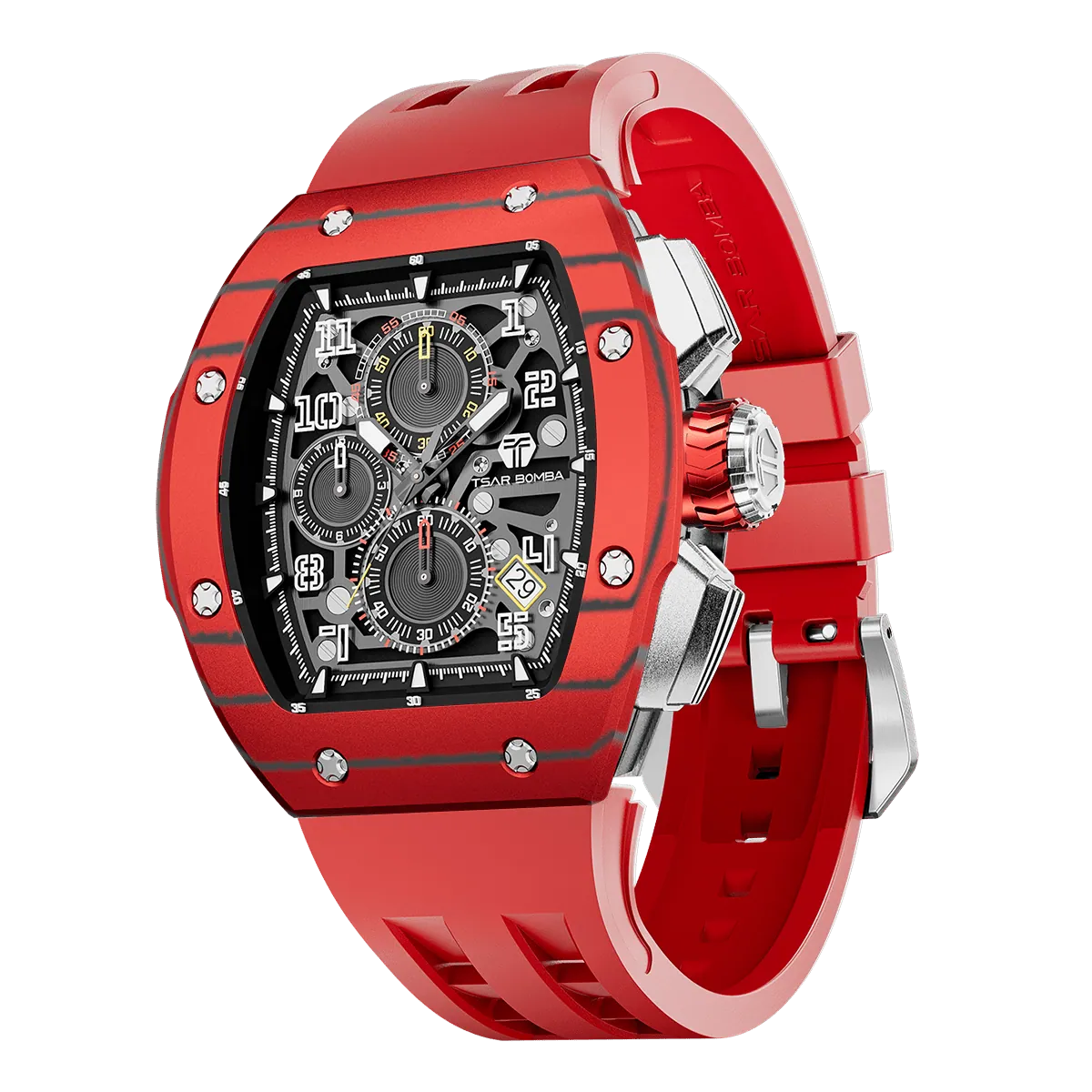 The TSAR BOMBA Atomic TB8214CF carbon fiber tonneau quartz watch. carbon fiber red bezel and fluororubber interchangeable red strap.  The Multifunction dial design, the multifunction dial features a chronograph minute sub-dial at the 12 o'clock position, a date display between the 4 and 5 o'clock positions, a seconds sub-dial at the 6 o'clock position, and an hour chronograph sub-dial at the 9 o'clock position. --Left three-quarter-view