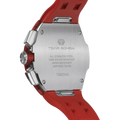 The TSAR BOMBA Atomic TB8214CF carbon fiber tonneau quartz watch. carbon fiber red bezel and fluororubber interchangeable red strap.  The Multifunction dial design, the multifunction dial features a chronograph minute sub-dial at the 12 o'clock position, a date display between the 4 and 5 o'clock positions, a seconds sub-dial at the 6 o'clock position, and an hour chronograph sub-dial at the 9 o'clock position. --Rear-view