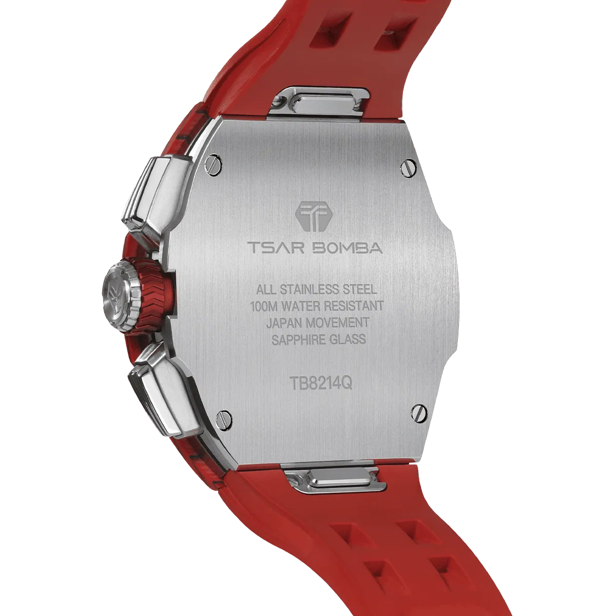The TSAR BOMBA Atomic TB8214CF carbon fiber tonneau quartz watch. carbon fiber red bezel and fluororubber interchangeable red strap.  The Multifunction dial design, the multifunction dial features a chronograph minute sub-dial at the 12 o'clock position, a date display between the 4 and 5 o'clock positions, a seconds sub-dial at the 6 o'clock position, and an hour chronograph sub-dial at the 9 o'clock position. --Rear-view