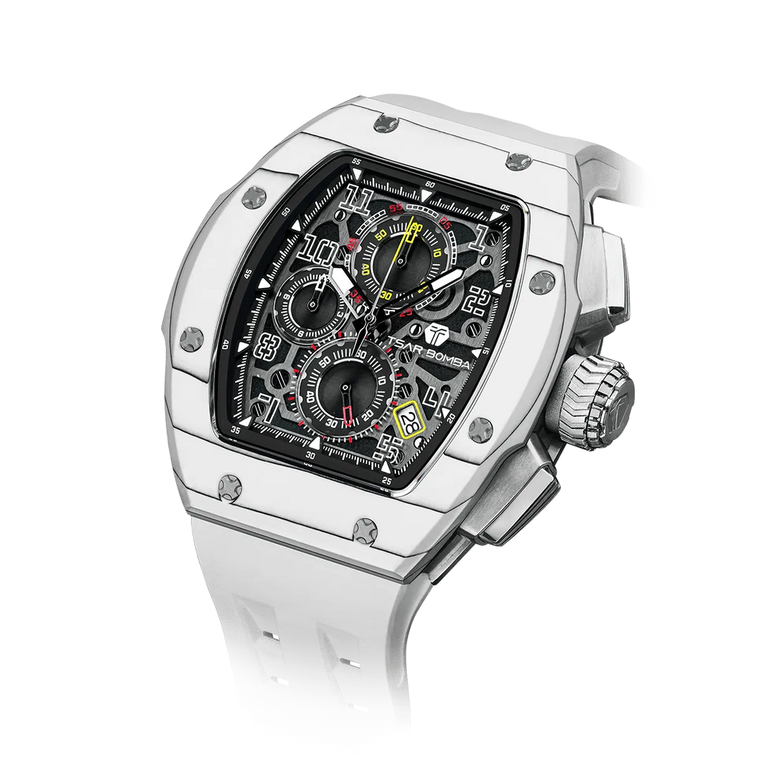 The TSAR BOMBA Atomic TB8214CF carbon fiber tonneau quartz watch. carbon fiber white bezel and fluororubber interchangeable white strap.  The Multifunction dial design, the multifunction dial features a chronograph minute sub-dial at the 12 o'clock position, a date display between the 4 and 5 o'clock positions, a seconds sub-dial at the 6 o'clock position, and an hour chronograph sub-dial at the 9 o'clock position. --Left three-quarter-angled-view