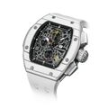 The TSAR BOMBA Atomic TB8214CF carbon fiber tonneau quartz watch. carbon fiber white bezel and fluororubber interchangeable white strap.  The Multifunction dial design, the multifunction dial features a chronograph minute sub-dial at the 12 o'clock position, a date display between the 4 and 5 o'clock positions, a seconds sub-dial at the 6 o'clock position, and an hour chronograph sub-dial at the 9 o'clock position. --Left three-quarter-angled-view